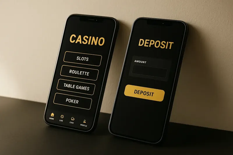 Two smartphones showing dark casino app lobby and deposit screen