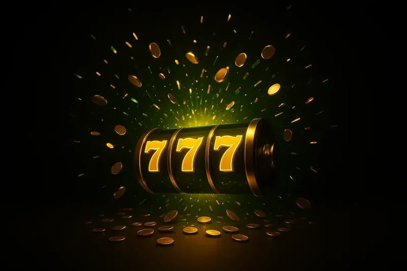 Glowing slot reels with massive win, coins and confetti bursting outward