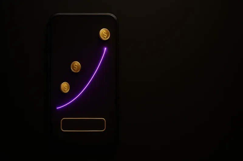 Mobile crash game interface with glowing curve graph and scattered coins