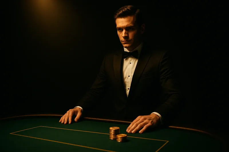 Professional dealer at green felt table with golden chips