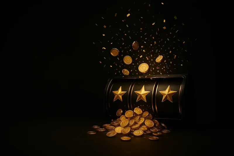 Golden coins raining over winning slot screen with stars and confetti
